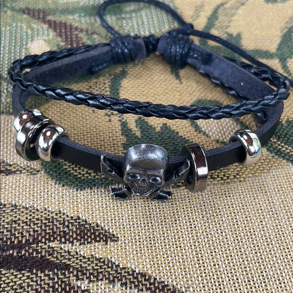 Black Leather Skull Bracelet with Silver Accents